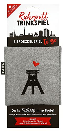 GILDE - 44378 - Ruhrpott Trinkspiel, 9 Bierdeckel in Filzetui, Spielfiguren, Würfel