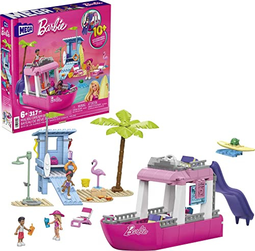 Mega Barbie Bateau De Rêve Malibu À Construire avec 317 Blocs, Dont 3 Mini-Poupées À Assembler, 2 Animaux, Et Accessoires De Mode Et De Plage, Jouet Enfant, Dès 6 Ans, HPN79