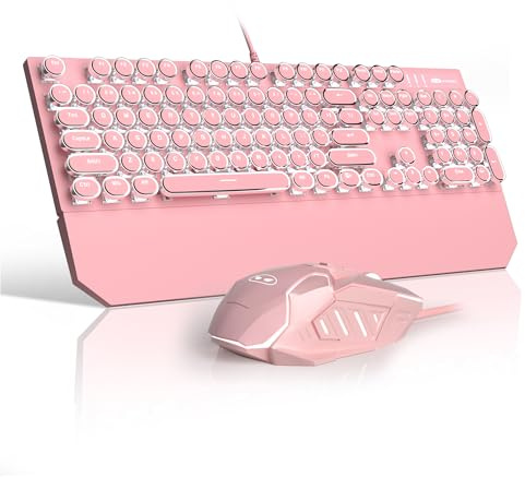 Retro Pink Typewriter-Style Keyboard and Mouse Combo, Cute Light Up Wired Mechanical Keyboard with Linear Red Switches, Full Size for Gaming, Work, Mac, PC, Windows