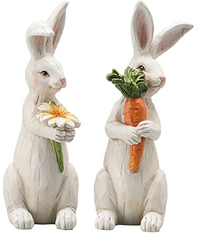 Newman House Studio Easter-Decorations Bunny-Decor Spring-Figurines Table-Centerpiece - 2PC Spring Decorations Resin Rabbits with Carrot and Flower Tabletop Ornaments for Home Farmhouse 4.5H inch