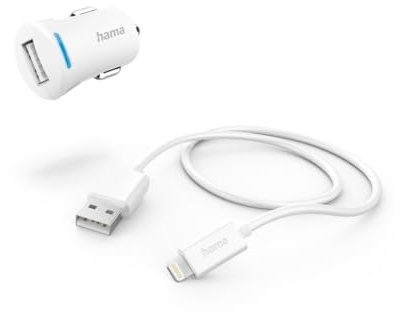Hama Lightning-Zigarettenanzünder-Ladegerät (Kfz-Ladegerät mit Lightning-Kabel, 1 m, 12 W, für Samsung Galaxy S21 S22, Xiaomi, Sony, iPhone XR/XS Max/ 8 Plus, Huawei, LG, Wiko) Weiß