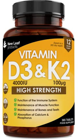 Vitamin D3 K2 - Vitamin D3 4000iu & Vitamin K2 100ug (MK7) 1 Year Supply, Supports Immunity, Calcium Absorption and Bone Health, Non-GMO, UK Made by New Leaf 365 Micro Small Vegetarian Tablets,