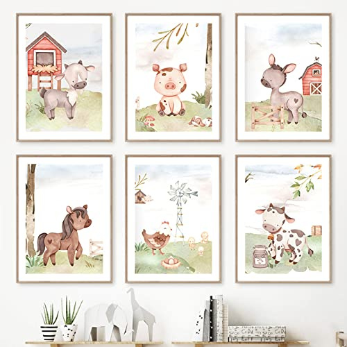 CPGG Set von 6 Pferd Kuh Schwein Huhn Bauernhof Tiere Kinderzimmer Wandkunst Leinwand Malerei Nordische Poster und Drucke Wandbild Baby Kinderzimmer Dekor-20x30cm (Kein Rahmen)