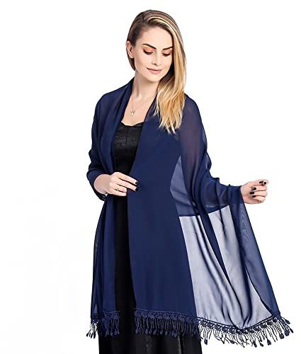 Chiffon-Stola für Damen Schalmit Spitze Fransen,Stola Für Abendkleid Stola Festlich,Braut Brautjungfer Hochzeitskleid Cheongsam Schal,Lässiger Schal für jeden Tag,Geeignet für Hochzeit,Navy blau
