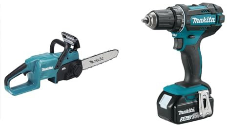 Makita DUC307ZX2 Akku-Kettensäge 18V (ohne Akku, ohne Ladegerät), Batteriebetrieben, Schwarz/Petrol & DDF482RFJ Akku-Bohrschrauber 18V / 3,0 Ah, 2 Akkus + Ladegerät im MAKPAC Schwarz, Blau