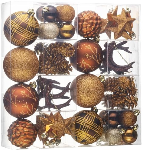 Valery Madelyn Weihnachtsschmuck-Set, 70 Karat braunes Kupfer, Gold, bruchsicher, Weihnachtsbaumschmuck, Waldkugel-Ornamente, Großpackung für Weihnachtsfeiertagsdekoration