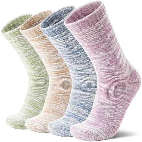 MOSEY KOSY 4 Pairs Merino Wool Walking Hiking Boot Socks Thermal Extra Thick Warm Winter Cozy Crew Comfy Cushion Work Women Men Socks (Light Color Scheme,7-11)