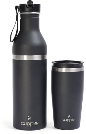 Cupple: Cup + Bottle - Stainless Steel - Cold and Hot Drinks - Leak Proof - Fits Cup Holders - Integrated Coffee Cup - Black Pepper (Black Pepper)