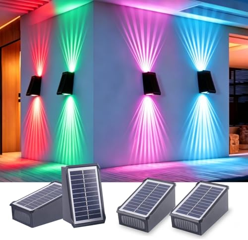 Fosingut Solarlampen für Außen,4 Stück RGB Solar Wandleuchte Aussen Up and Down Leuchten Wasserdicht LED Aussenleuchte,18 Modi Solar Zaunbeleuchtung für Außenwandleuchten Garten,Treppe,Terrasse