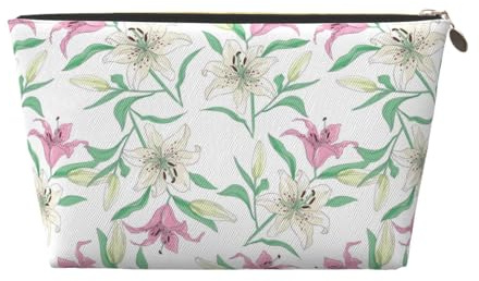 VOSERY Trousse de maquillage en cuir, trousse de toilette de voyage pour femme, rose et blanc, fleur de lys blancs, trousse de maquillage, jolie trousse de maquillage étanche