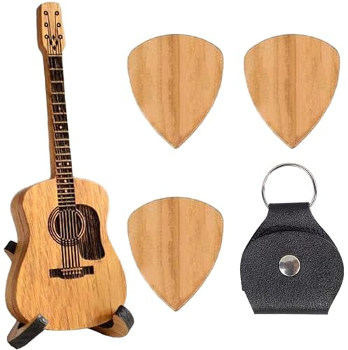 Ninnyi Wooden Guitar Plectrum Holder Set with 3 Guitar Picks and Case Bag for Music Gift