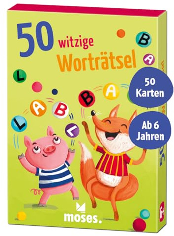 Moses. 50 witzige Worträtsel, Kartenset mit lustigen Wortspielen und Buchstabenrätseln, Kindergeburtstag, Schulstart und Urlaub, für Kinder ab 6 Jahren, Yellow