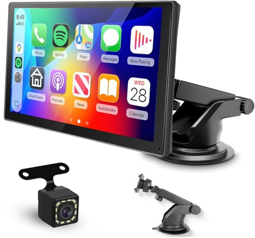 Hodozzy Tragbares Autoradio mit Wireless CarPlay & Android Auto, 9 Zoll IPS Touchscreen mit Bluetooth, Superlink, Carplay Display mit Sprachsteuerung, FM-Sender, AUX, TF-Karte, Rückfahrkamera