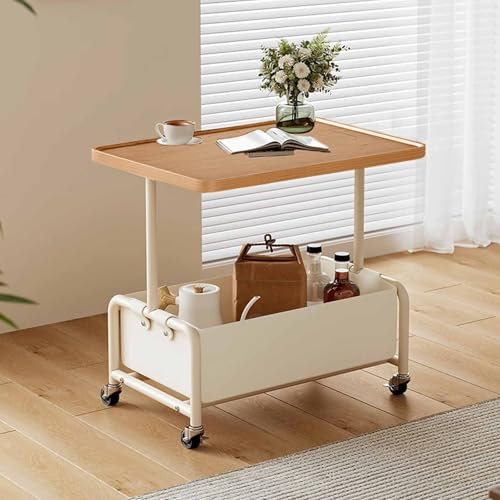 RUYICZB 2-Stufiger Beistelltisch Mit Rollen, Beistelltisch Mit Lederkorb, Kleiner Nachttisch Für Kleine Räume, Moderner Nachttisch, Couch-TV-Tabletttisch Für Wohnzimmer, Schlafzimmer,Weiß