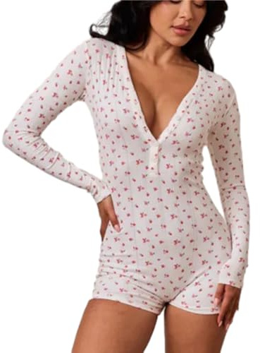 Kvinnor Bodysuit Printing Långärmad Skinny Playsuit Sexig Deep V Button Romper