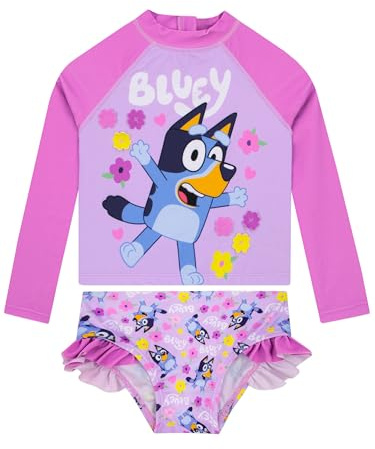 Bluey Swimming Costume, Long Sleeve Girls Swimsuit, Kids Swimming Costume with Frills, Official Merchandise, Pink 6-7 Years