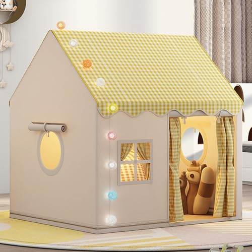 Kinderzelt Indoor, Kinder Spielhaus mit Lichtern & Matte, Spielzelt Prinzessin Zelt Kuschelecke Kinderzimmer Bettzelt Indoor Kinderspielhaus für Kinder Drinnen Schlafzimmer Deko (Gelb)
