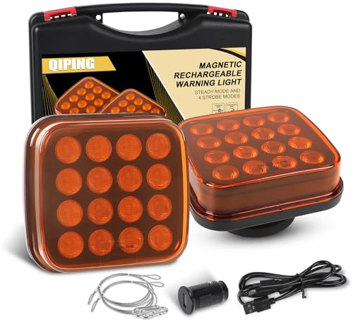 Qiping LED-Rundumleuchte, kabellos, wiederaufladbar, mit 5 Blitzmodi, 12 V-24 V, magnetisch, mit Kabel für Zigarettenanzünder, für Fahrzeuge, Anhänger, LKW, Traktoren