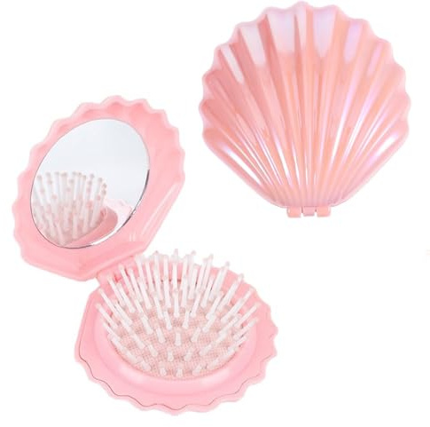 1 Spazzola Piegevole da Viaggio con Specchio – Forma Conchiglia per Donne & Ragazze, Pettine Massaggiante Mini & Set Specchietto – Regalo Perfetto – Design Compatto e Portatile