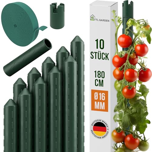 TTL GARDEN Rankstäbe 10er Set 180cm x 16mm Ø grün - extra stabil & rostfrei | 16 mm Rankhilfe Pflanzstäbe + Klettband - Stahl kunststoffbeschichtet Pflanzenstütze Blumenstütze Tomaten Paprika Blumen