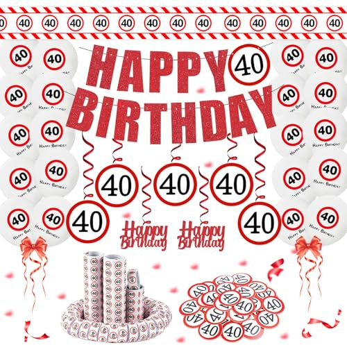 ALEGRE Deko 40 Geburtstag Mann Frau,Verkehrsschild 40 Geburtstag Deko Set mit Absperrband 40. Geburtstage Deko,Luftballons, Luftschlangen, Konfetti, Spiralen, Girlande,Geburtstagsdeko 40 Männer Frauen