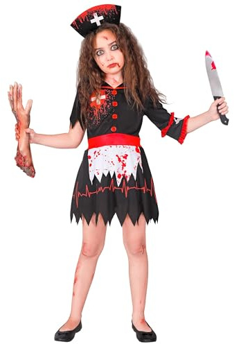 W WIDMANN MILANO Party Fashion - Costume enfant infirmière zombie, robe avec coiffe, déguisement sanglant pour Halloween