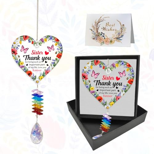 GLOBLELAND Sister Gifts Heart Crystal Suncatcher Gifts for Sister Love Sister Birthday Gifts Friendship Gifts for Women Birthday Christmas Valentine Home Decoration