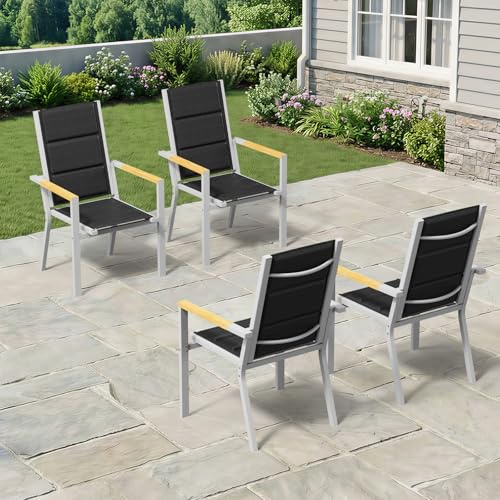 TRIUMPHKEY Gartenstuhl aus wetterfestem mit Holzkorn Handlauf, Aluminium Outdoor Garten Stapelstühle mit Baumwollsitz für Balkon, Terrasse, Garten - Set aus 4 Stück, HellGrau