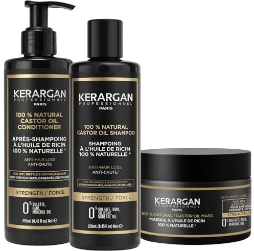 KERARGAN - Trio Ricin 3 Soins Anti-Chute Cheveux Cassants - 3x250ml | Shampoing, après-shampoing et masque, routine fortifiante pour nettoyer, démêler et nourrir les cheveux cassants