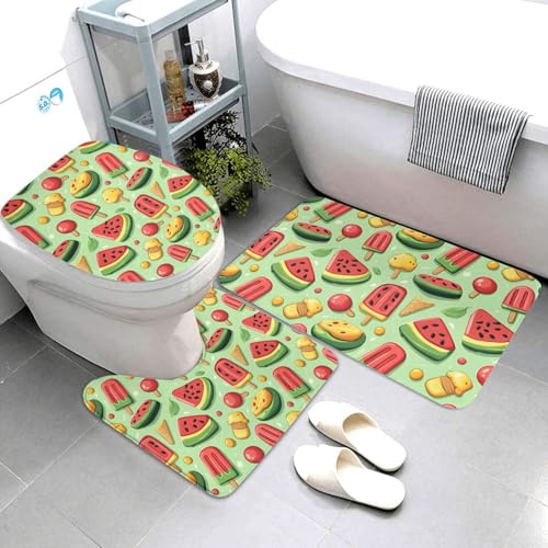 Set di 3 tappeti da bagno con stampa di anguria e ghiaccioli, assorbenti, antiscivolo, lavabili, a forma di U, morbidi tappetini da doccia per WC e vasca da bagno