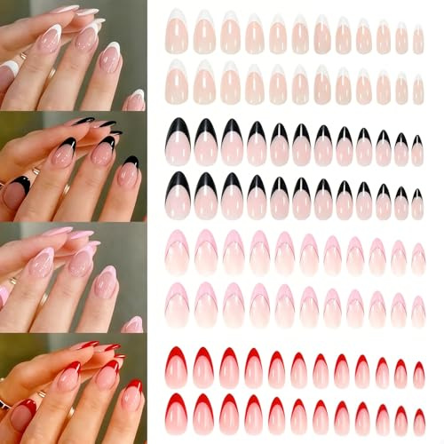 96-PCS French Manicure False Nails Kit - Multi-Colour Almond Shaped Press-On Nails - Salon-Quality DIY Stick On with Adhesive Tapes, Realistic Nude Pink & Trendy Gradient Tips