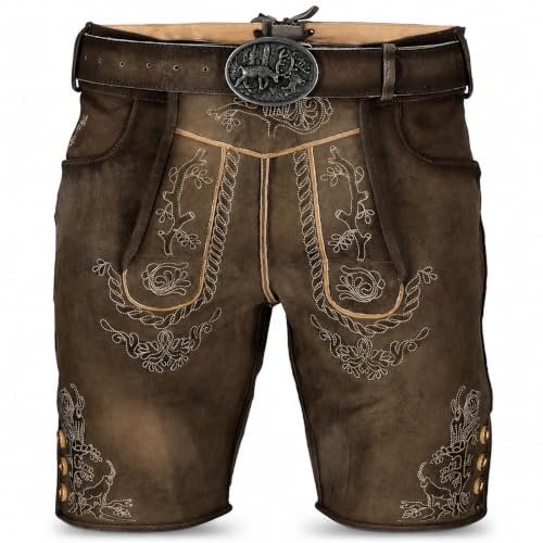 STEIGENHÖFER Lederhose Herren kurz - Vintage Trachtenlederhose Franz mit Gürtel - 100% Rindsleder Trachtenhose im Antik-Look - Echtlederhose für Oktoberfest & Volksfest