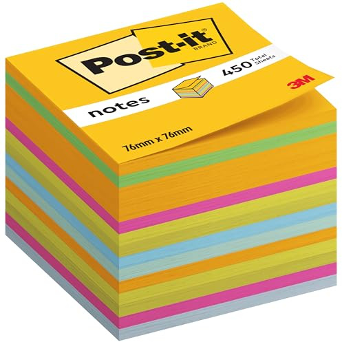 Post-it Notes Würfel, 450 Blatt, 76 mm x 76 mm, Blau, Grün, Pink, Gelb | Selbstklebende Haftnotizen, Praktische Klebezettel für Bürobedarf, Meetings, Erinnerungen, To-Do-Listen und zum Organisieren