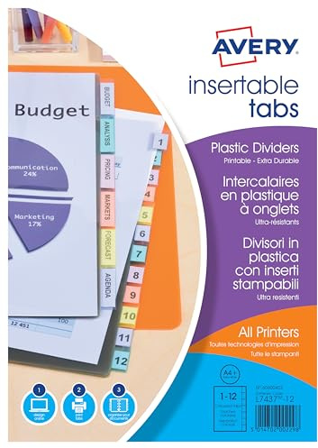 Avery 60400402 - Separadores translúcidos (polipropileno, pestañas personalizables, A4+, aptos para impresión de inyección de tinta y láser)