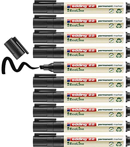 edding 22 Permanentmarker - schwarz - 10 Stifte - Keil-Spitze 1-5 mm - schnell trocknender Permanent Marker - wasserfest, wischfest - für Karton, Kunststoff, Holz, Metall - Universalmarker