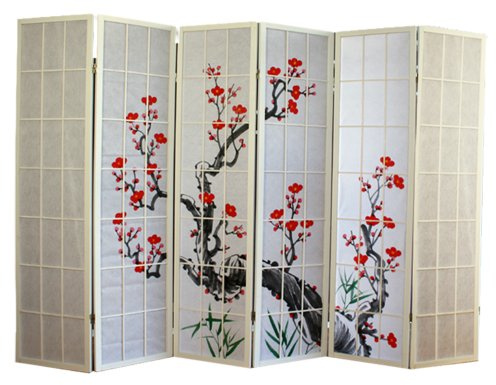 PEGANE Paravent Japonais Fleur de Cerisier en Bois Blanc de 6 pans, L264 x H175 x P2 cm