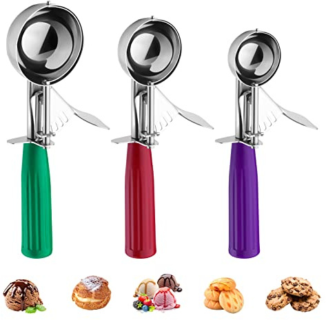 Ice Cream Scoop, Ice Cream Scooper Set Include Different Sizes, Heavy Duty Ice Cream Scoop with Trigger, Polishing Stainless Steel 18/8 Cookie Scoops for Baking, 3 Pcs of Ice Cream Sandwich Scoop