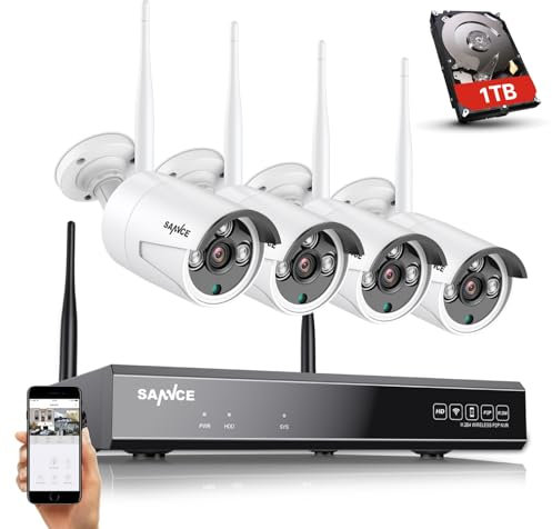 WLAN überwachungskamera Set mit Audioaufnehmen，SANNCE 5MP 10CH Wireless NVR + 4x3MP Kabellose Outdoor überwachungskamera mit 1TB Festplatte AI Human Detection IP66 Wasserdicht unterstützt Amazon Alexa