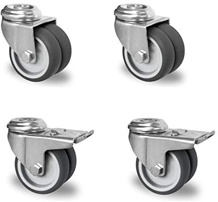 Lot de 2 Roulettes Roues Doubles 75 mm avec Trou Arrière en Caoutchouc