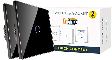 2 Pack CNBINGO 2-Way Dimmer Switch for LED Lights, Single Black Touch Light Switch, No Neutral Wire Required, Tempered Glass Panel with LED Backlight, 1-Gang, AC 240V 200W