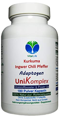 KURKUMA + INGWER + CHILI + PFEFFER - Piperin & Curcumin - UniKomplex - 180 Pulver Kapseln - Natur pur - OHNE ZUSATZSTOFFE. 27040-180