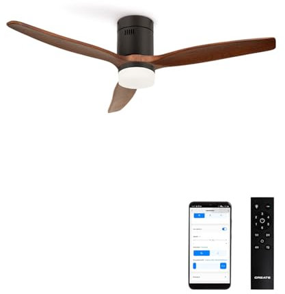 CREATE / WINDCALM M/Deckenventilator ABS mit Beleuchtung Schwarz Dunkelholzflügel-Optik mit WLAN und Fernbedienung / 40W, Leise, Ø132cm, Timer von 1 bis 4 Std, Sommer-Winterbetrieb