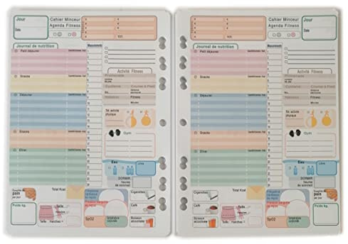 Agenda minceur, Fitness Planner Diary, A5 14,5x20,5cm - 50 Feuilles (100 jours) trous universel pour 2, 3, 4, 6 anneaux - FRANÇAIS