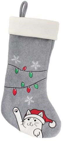 BambooMN 1 Pc Set 18 Classic Hand Embroidered Sequined Cute Animal Christmas Stocking, 15 Naughty Cat Grey