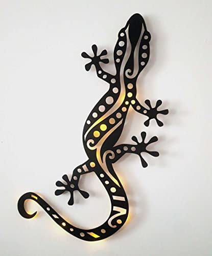 kh Teile Gecko - Décoration murale en bois - Pour salon - Idée cadeau - Éclairage mural - Lumière LED - Laqué noir - 60 cm