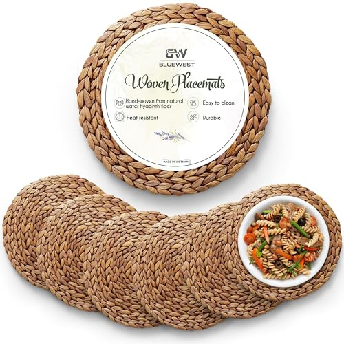 BLUEWEST Tovagliette rotonde da 30 cm in rattan di giacinto d’acqua, confezione da 6, intrecciate a mano, antiscivolo e resistenti al calore, per tavolo da pranzo, (dimensioni: 30, 34, 38 cm)