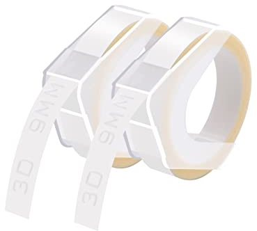 Cruxer Lot de 2 rubans de gaufrage autocollants Dymo Omega - 9 mm x 3 m - Blanc sur étiquettes en vinyle transparent pour étiqueteuses Dymo Omega Junior