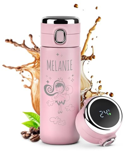 Maverton Thermobecher Kaffeebecher mit Gravur 400 ml - Trinkflasche Edelstahl - mit LED-Temperaturanzeige - auslaufsicher 100% dicht - für Frauen zum Geburtstag - rosa - Fee