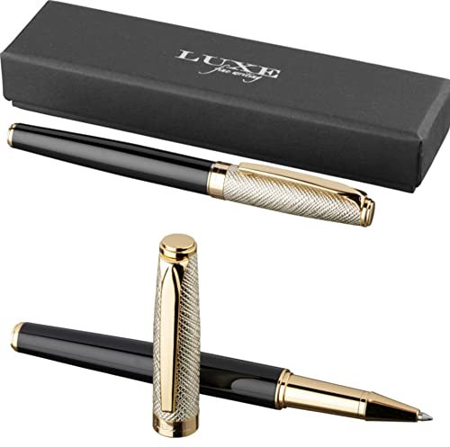 noTrash2003 Luxuriöser Tintenroller mit goldener Lederkappe und lackierten goldenen Teilen, schwarzschreibend, edles Schreibgerät