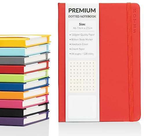 evelay prickig anteckningsbok A5 inbunden anteckningsbok med tjockt 120 gsm prickigt rutnät papper och elastiskt stängningsband (128 gräddfärgade sidor, röd)